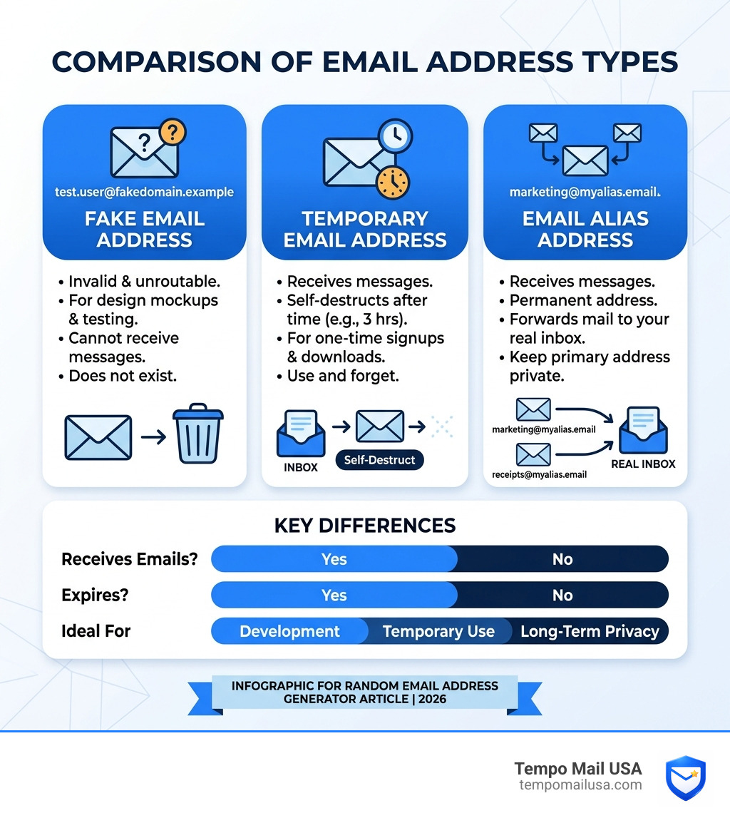comparison of fake email, temporary email, and alias email address types and their differences - random email address